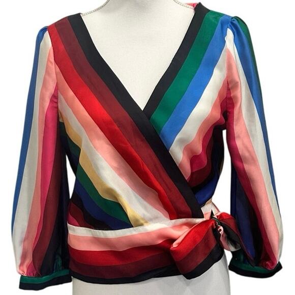 Alice + Olivia Dyanna Rainbow Multicolor Stripe Wrap Blouse Vibrant Pride Chic - Picture 3 of 10